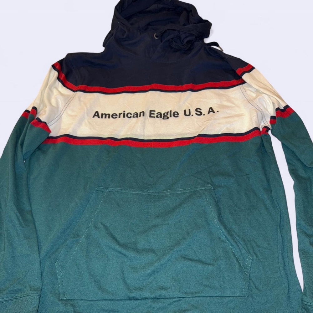 American Eagle blue and white striped hoodie